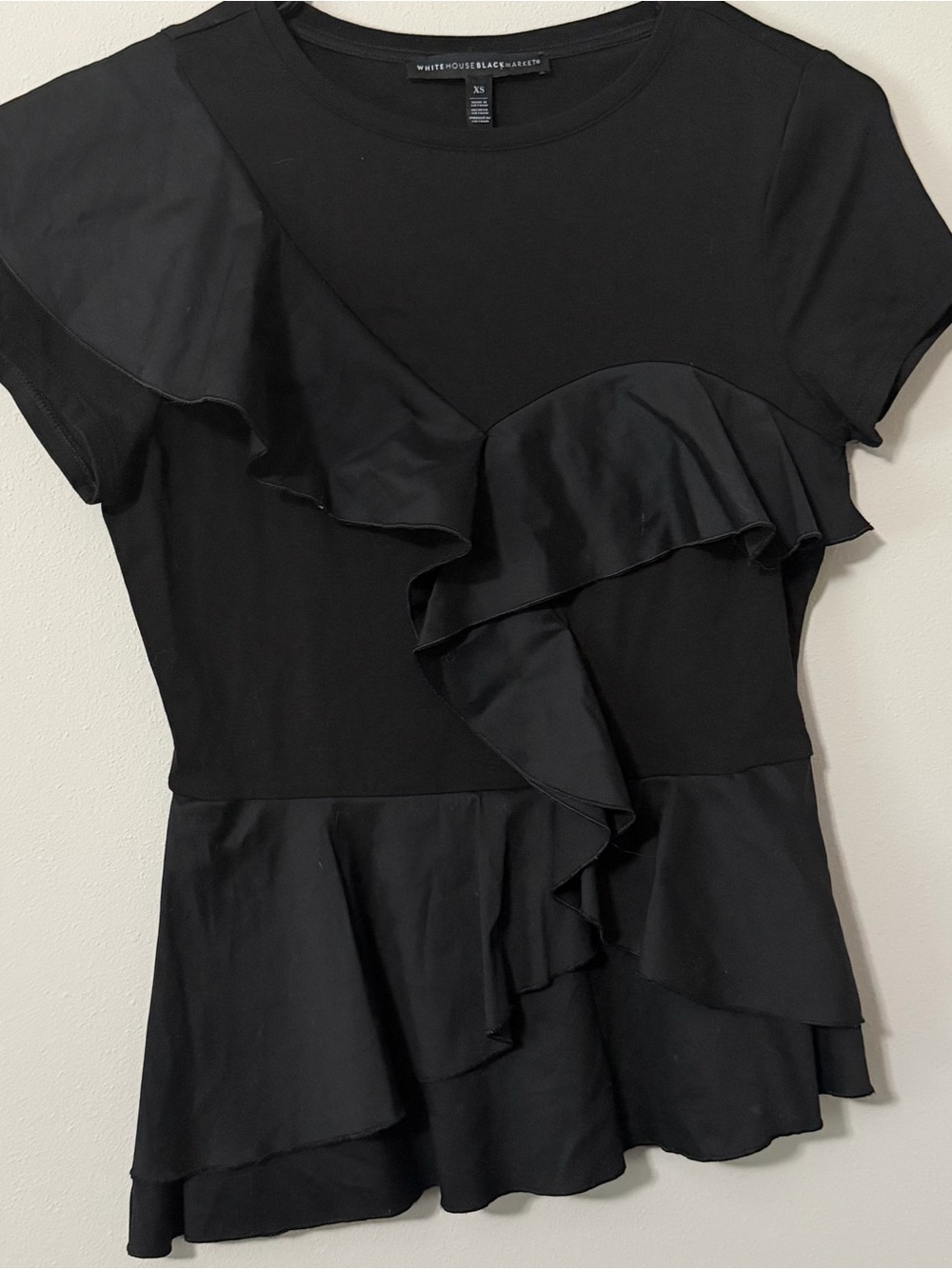 White House Black Market Black Ruffle Peplum Top XS Asymmetrical Hem